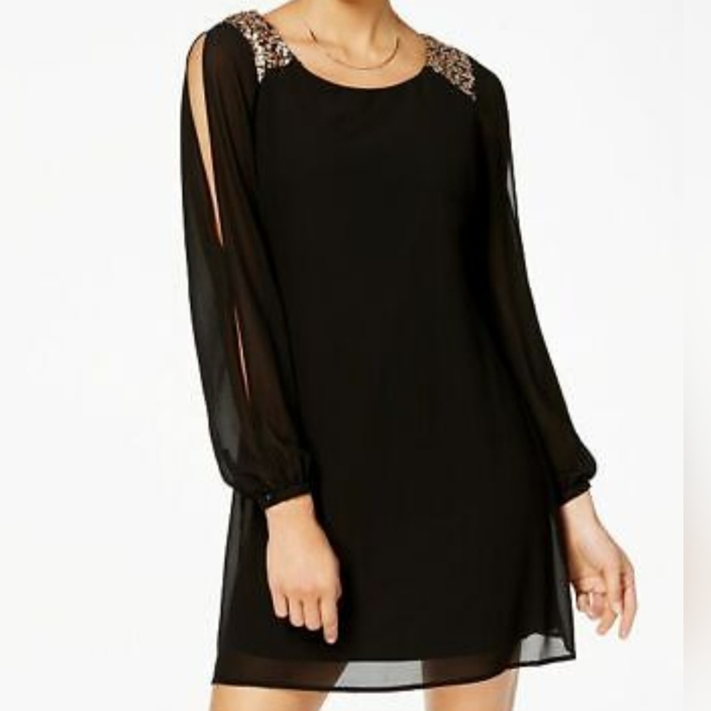 Sequin Hearts Split Sleeve Fancy Shift Party Dress Black Juniors Size Medium